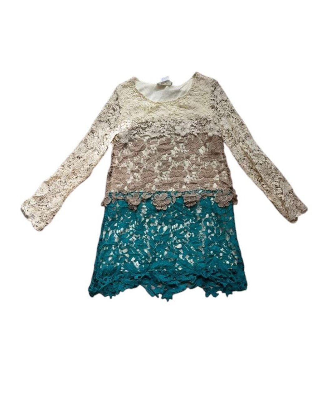 Lady Noiz Womens S Crochet Lace Tunic Top Colorblock Floral Boho Long Sleeve.